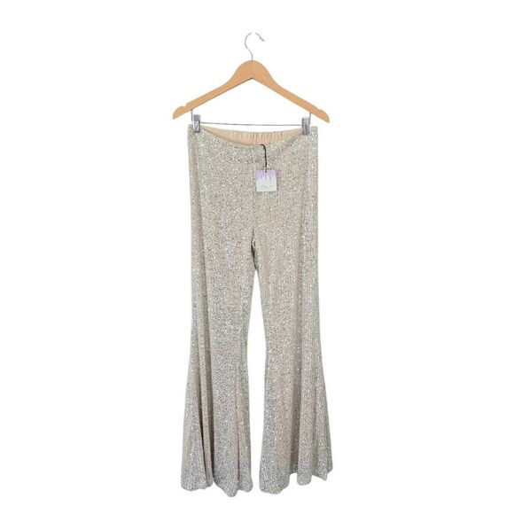 Wisteria Lane Sequined Bell Bottom Pants in Champaign Size Large NEW - Picture 2 of 5